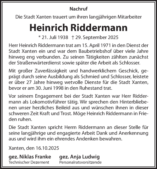 Traueranzeige von Heinrich Riddermann von NNA