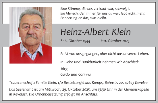 Traueranzeige von Heinz-Albert Klein von NNA