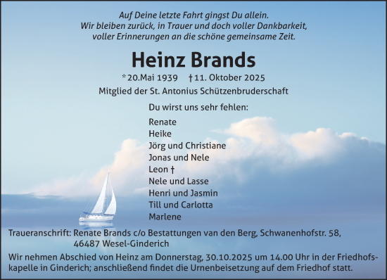 Traueranzeige von Heinz Brands von NNA