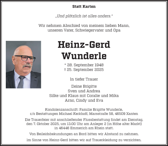 Traueranzeige von Heinz-Gerd Wunderle von NNA