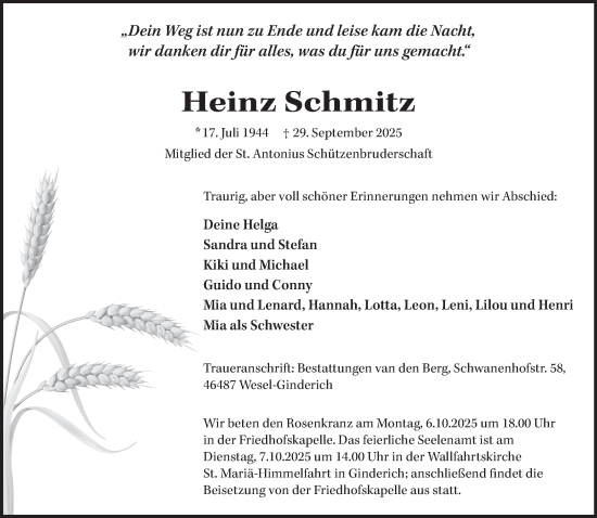 Traueranzeige von Heinz Schmitz von NNA