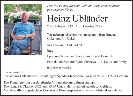 Traueranzeige von Heinz Ubländer von NNA