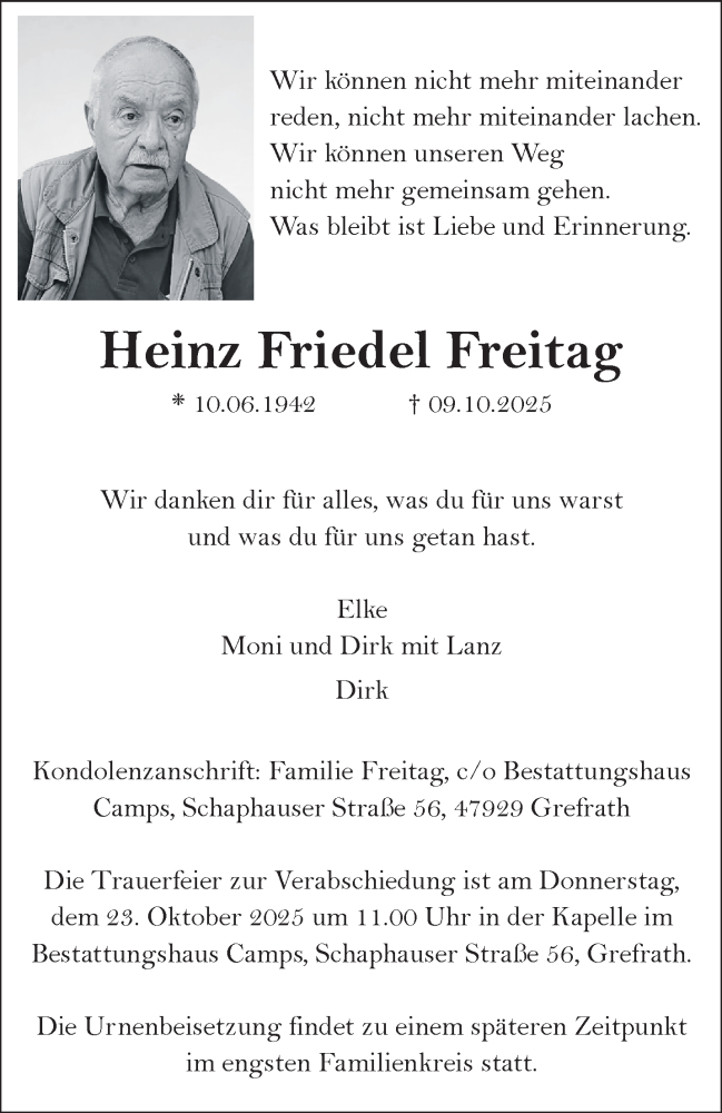 Traueranzeige für Heinz Friedel Freitag vom 18.10.2025 aus NNA