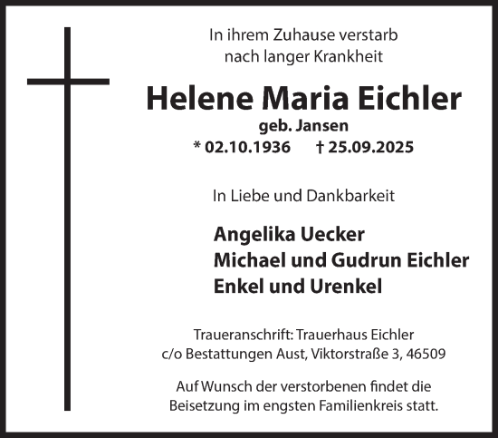Traueranzeige von Helene Maria Eichler von NNA