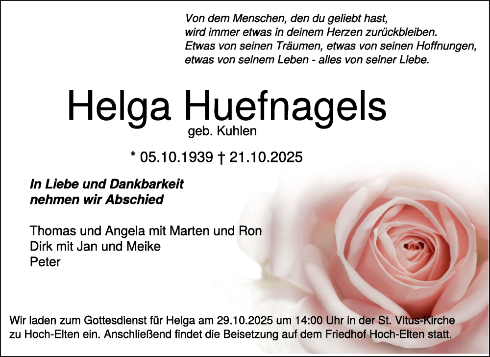  Traueranzeige für Helga Huefnagels vom 25.10.2025 aus NNA