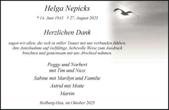 Traueranzeige von Helga Nepicks von NNA