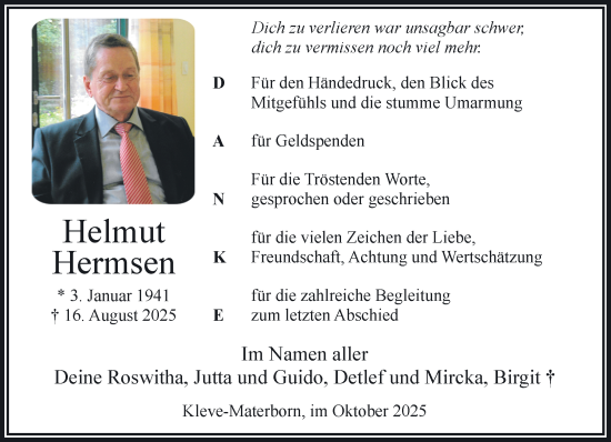 Traueranzeige von Helmut Hermsen von NNA