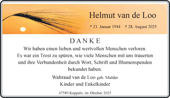 Traueranzeige von Helmut van de Loo von NNA