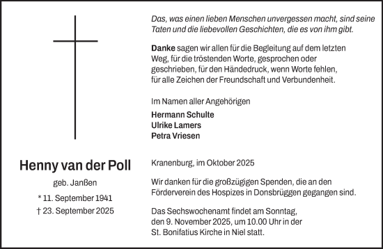 Traueranzeige von Henny van der Poll von NNA