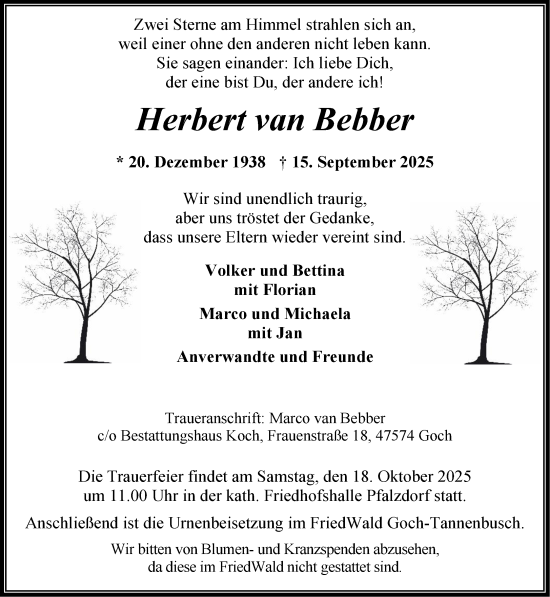 Traueranzeige von Herbert van Bebber von NNA