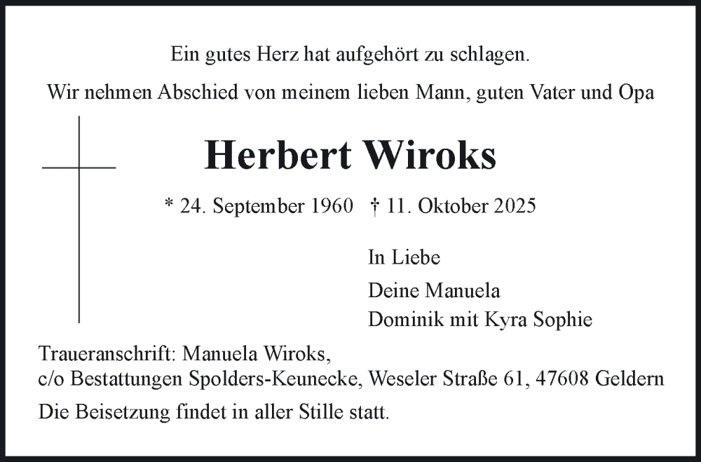  Traueranzeige für Herbert Wiroks vom 18.10.2025 aus NNA