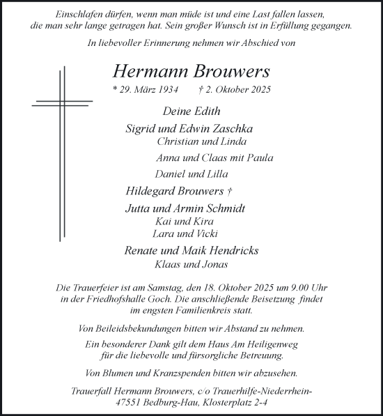 Traueranzeige von Hermann Brouwers von NNA