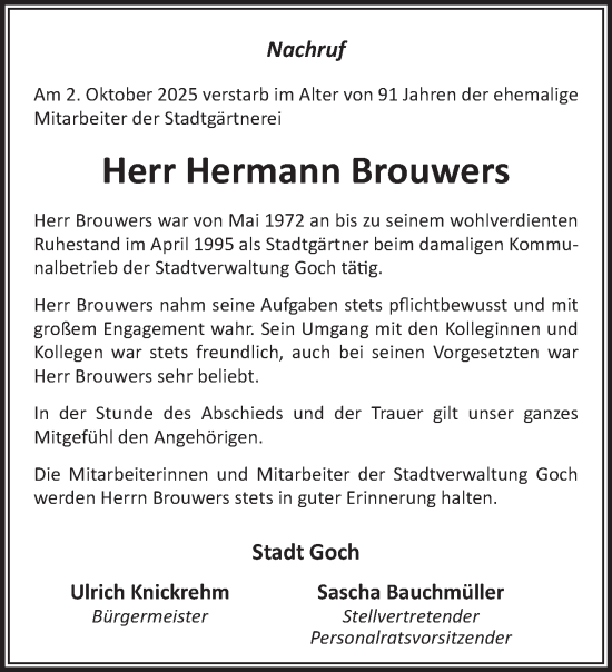 Traueranzeige von Hermann Brouwers von NNA