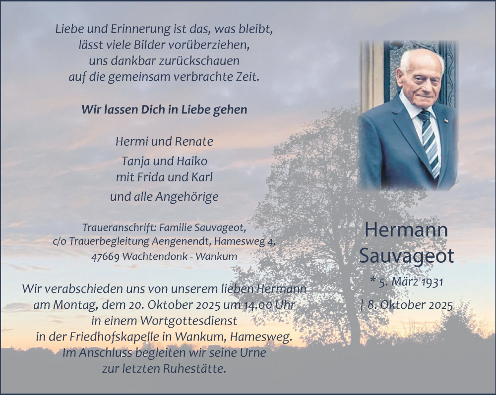  Traueranzeige für Hermann Sauvageot vom 18.10.2025 aus NNA