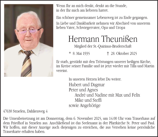 Traueranzeige von Hermann Theunißen von NNA