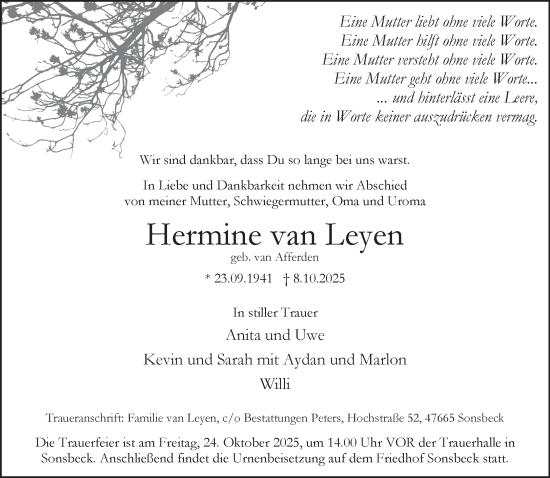 Traueranzeige von Hermine van Leyen von NNA