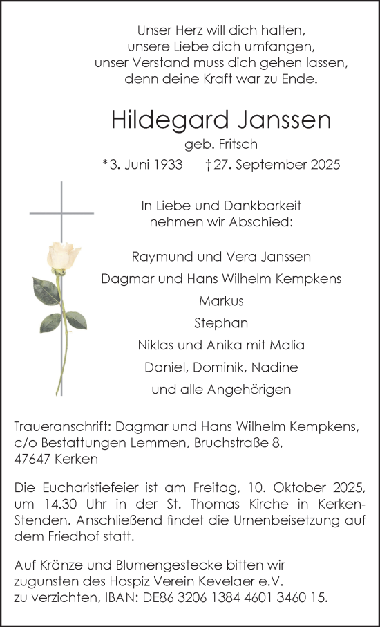 Traueranzeige von Hildegard Janssen von NNA