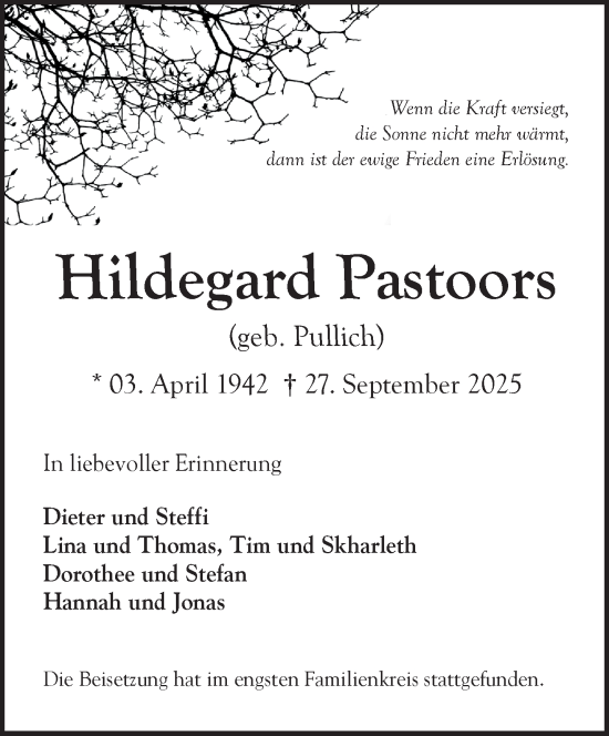 Traueranzeige von Hildegard Pastoors von NNA