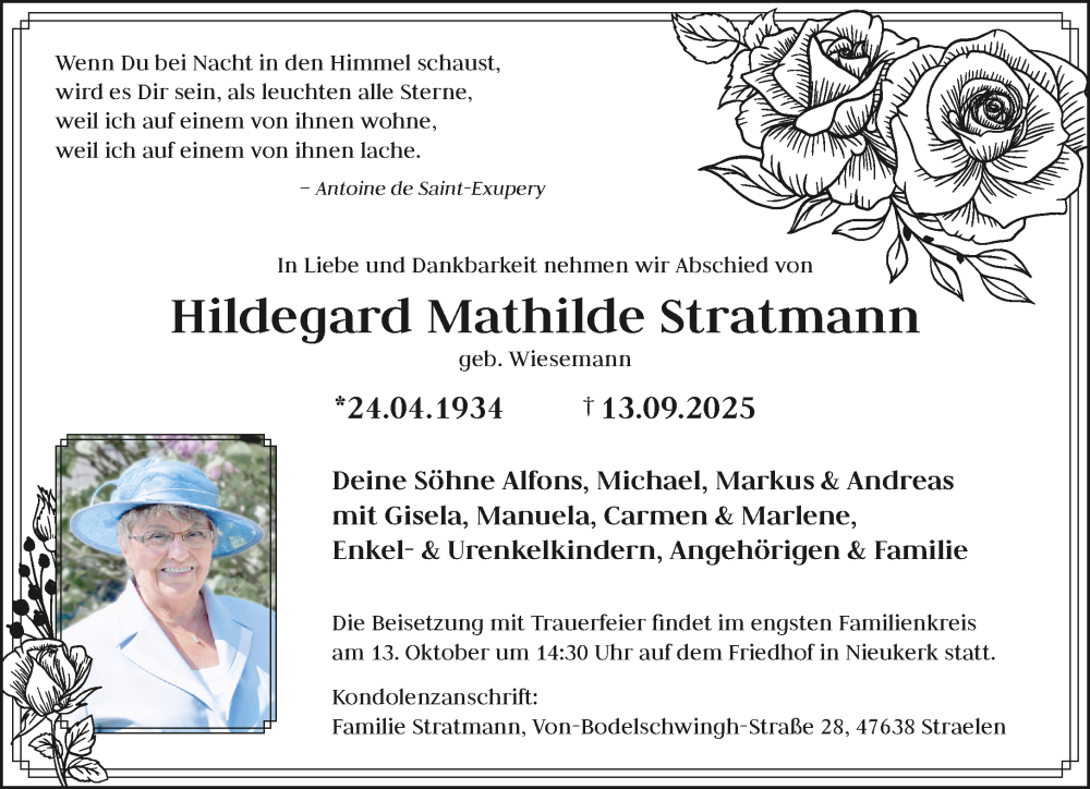  Traueranzeige für Hildegard Mathilde Stratmann vom 04.10.2025 aus NNA