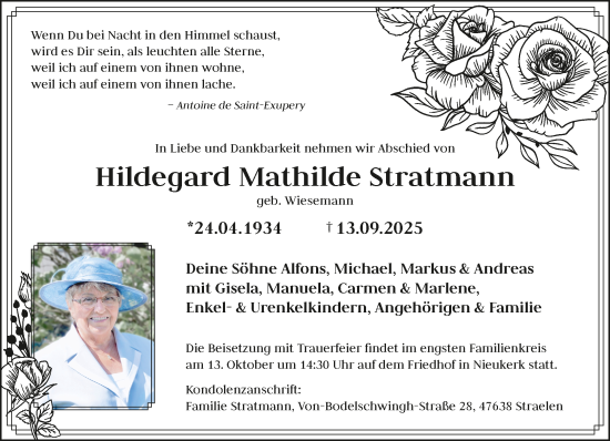 Traueranzeige von Hildegard Mathilde Stratmann von NNA