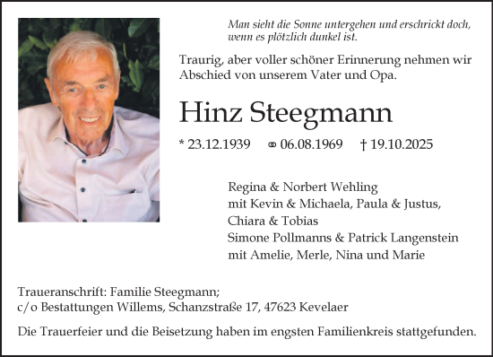 Traueranzeige von Hinz Steegmann von NNA