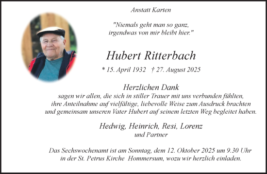 Traueranzeige von Hubert Ritterbach von NNA