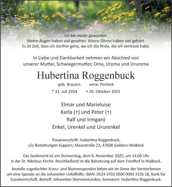 Traueranzeige von Hubertina Roggenbuck von NNA