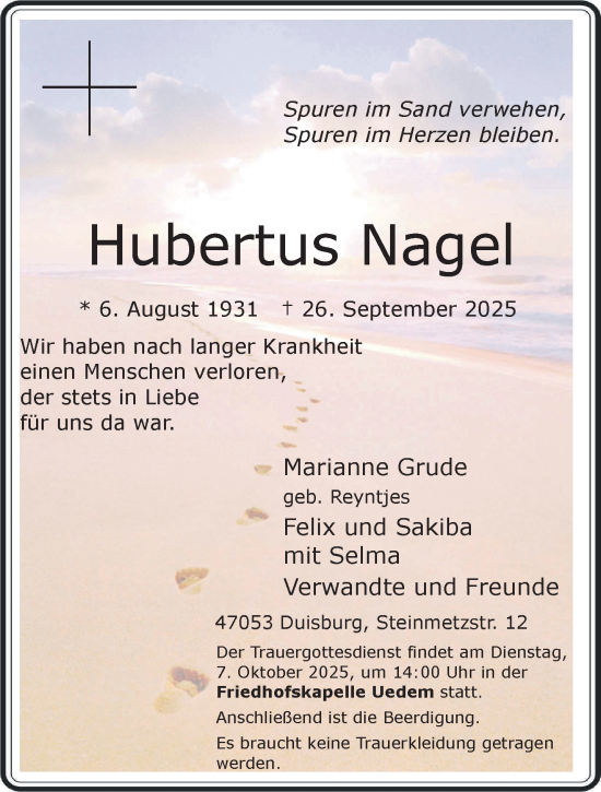Traueranzeige von Hubertus Nagel von NNA