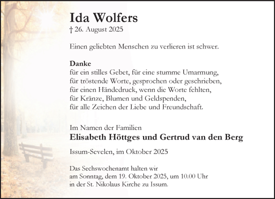 Traueranzeige von Ida Wolfers von NNA