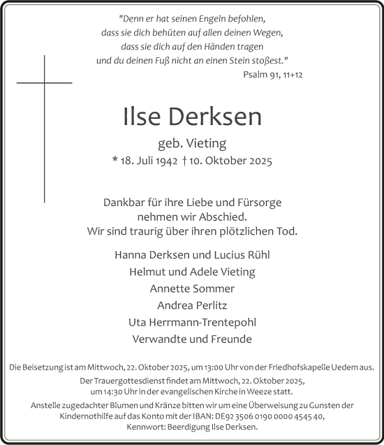 Traueranzeige von Ilse Derksen von NNA