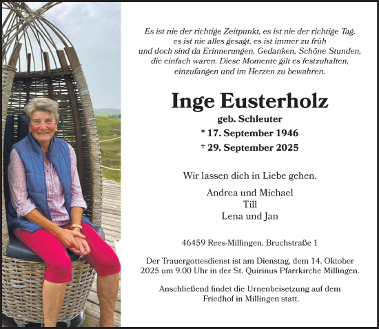 Traueranzeige von Inge Eusterholz von NNA