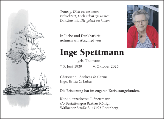 Traueranzeige von Inge Spettmann von NNA