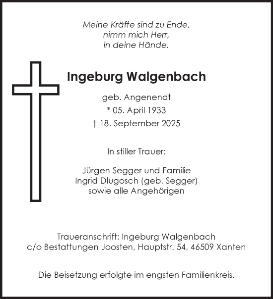 Traueranzeige von Ingeburg Walgenbach von NNA