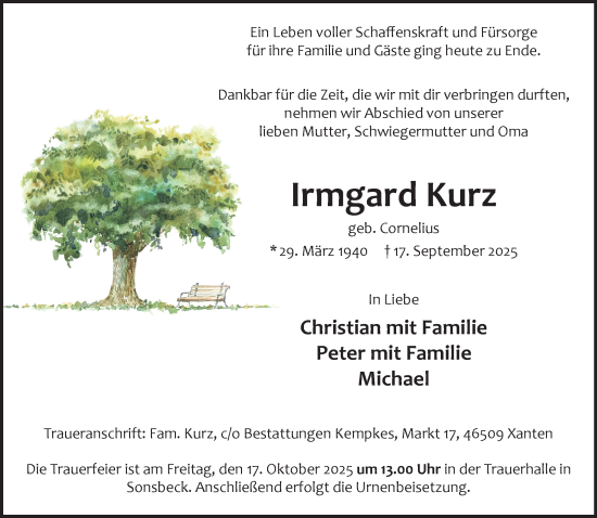 Traueranzeige von Irmgard Kurz von NNA