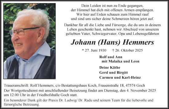 Traueranzeige von Johann Hemmers von NNA