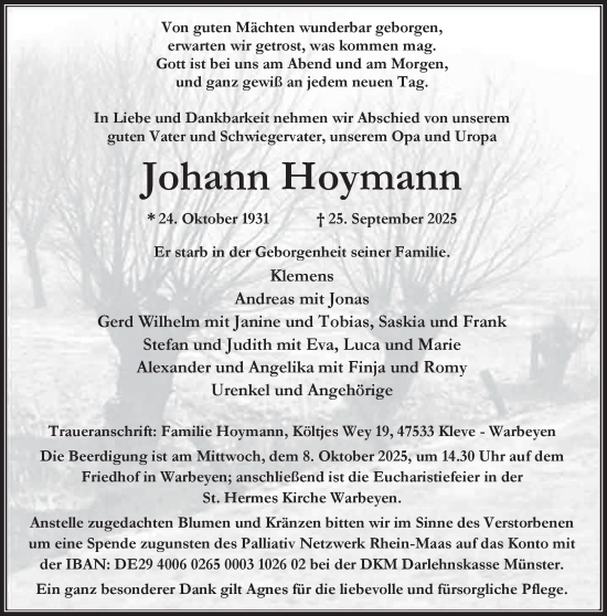 Traueranzeige von Johann Hoymann von NNA