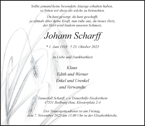 Traueranzeige von Johann Scharff von NNA