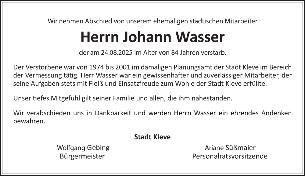  Traueranzeige für Johann Wasser vom 04.10.2025 aus NNA