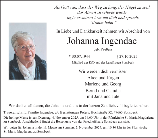 Traueranzeige von Johanna Ingendae von NNA