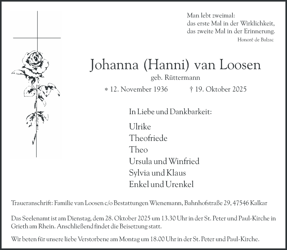  Traueranzeige für Johanna van Loosen vom 25.10.2025 aus NNA