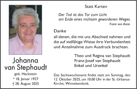 Traueranzeige von Johanna van Stephaudt von NNA
