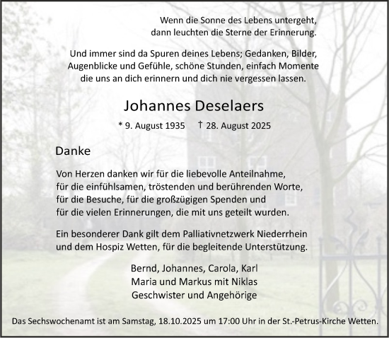Traueranzeige von Johannes Deselaers von NNA