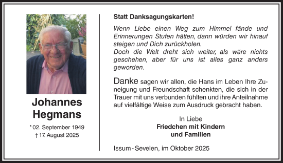 Traueranzeige von Johannes Hegmans von NNA
