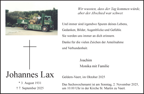 Traueranzeige von Johannes Lax von NNA