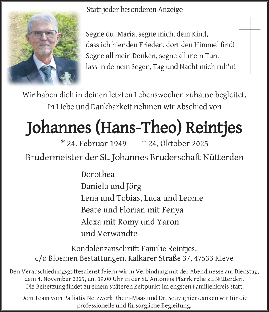  Traueranzeige für Johannes Reintjes vom 31.10.2025 aus NNA
