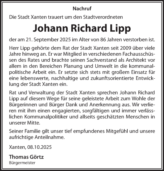 Traueranzeige von Johann Richard Lipp von NNA