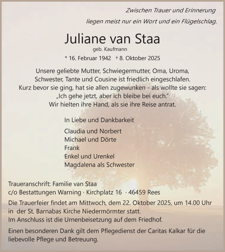 Traueranzeige für Juliane van Staa vom 18.10.2025 aus NNA