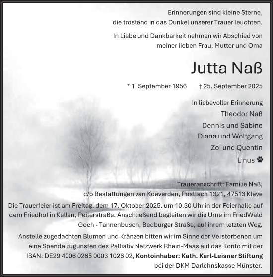 Traueranzeige von Jutta Naß von NNA