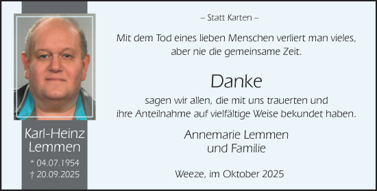 Traueranzeige von Karl-Heinz Lemmen von NNA