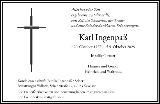 Traueranzeige von Karl Ingenpaß von NNA